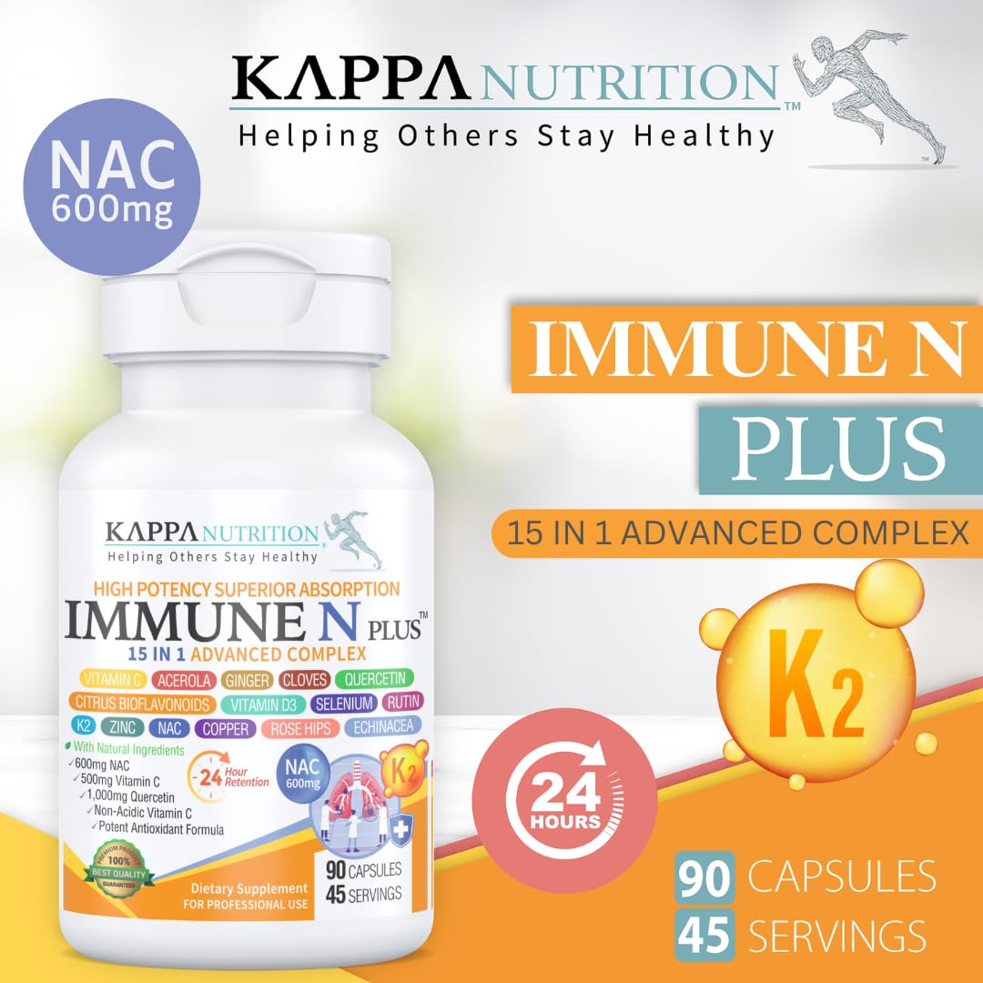 (90 Capsules), NAC 600mg, Quercetin 1,000mg, Vitamin C 500mg, Zinc 50mg, Vitamin D3 5,000iu, Selenium, Copper, Acerola, Ginger, Rutin, Citrus Bioflavonoids, Rose Hips, Echinacea, Immune N Plus 15 in 1 KAPPA NUTRITION uk supplements
