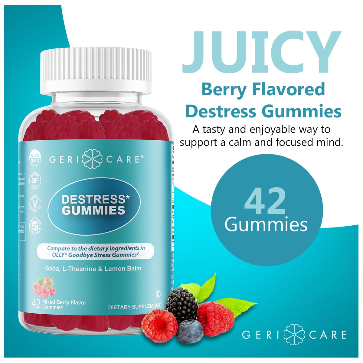 GeriCare DeStress Gummies with GABA, L-Theanine & Lemon Balm Mixed Berry Flavor – 42 Count – Supports Relaxation & Mental Clarity – Non-GMO, Gluten-Free, Vegan GeriCare uk supplements