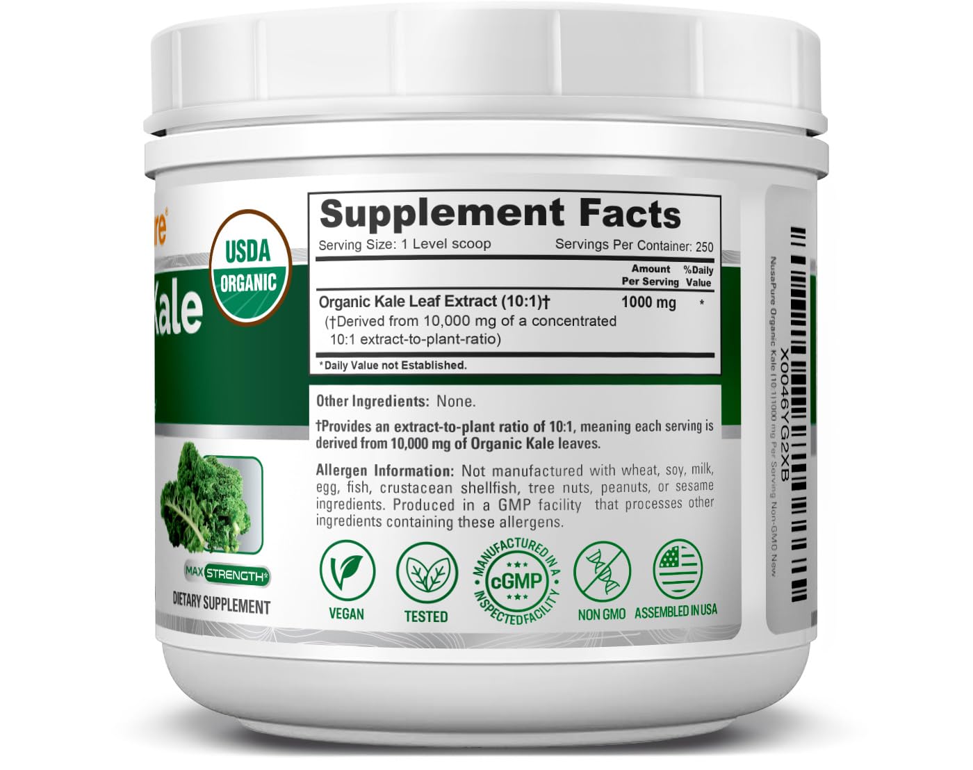 NusaPure Organic Kale Powder Extract 10:1 - Suitable for Vegetarian/Vegan, Non- GMO - 10,000 mg - 250 Capsules NusaPure uk supplements