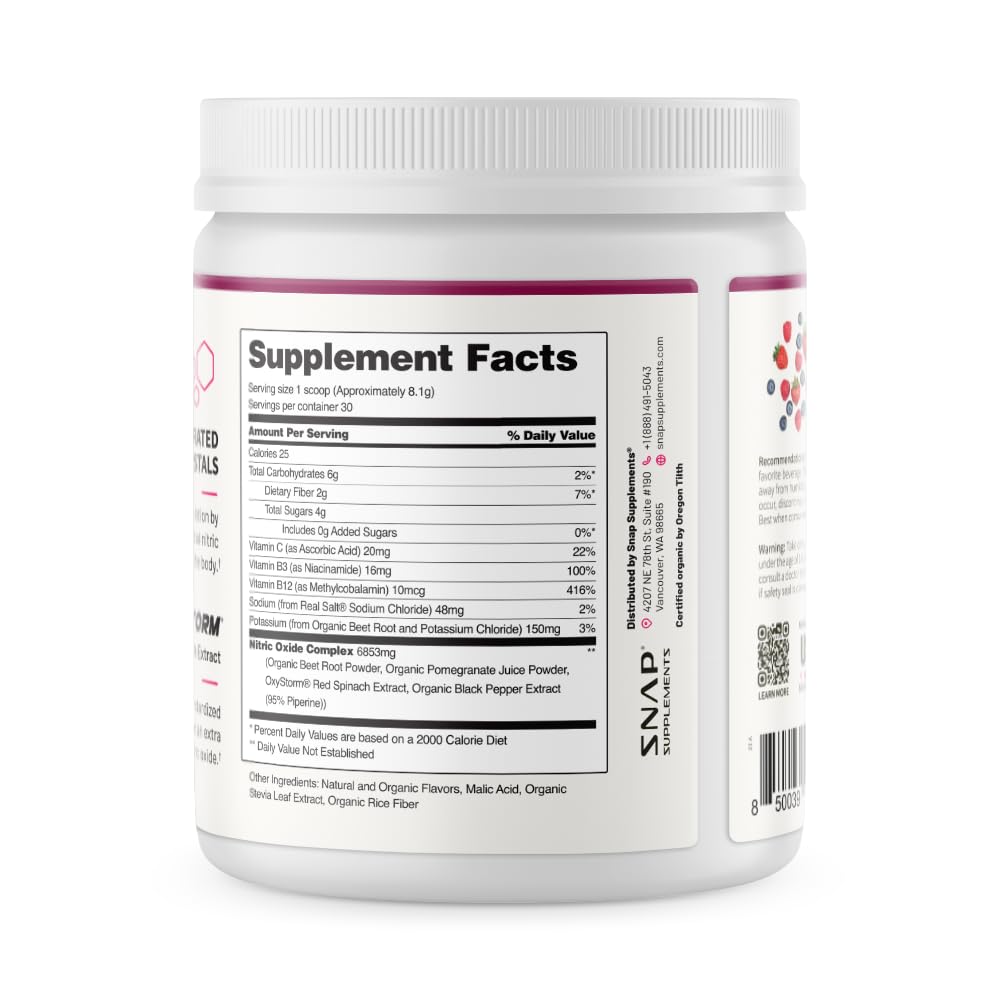 Snap Supplements Organic Beet Root Powder Nitric Oxide Supplement for Men & Women, Red Spinach & Pomegranate, Supports Healthy Energy & Blood Pressure Already in Normal Range, 30 Servings, Mixed Berry Snap Supplements uk supplements