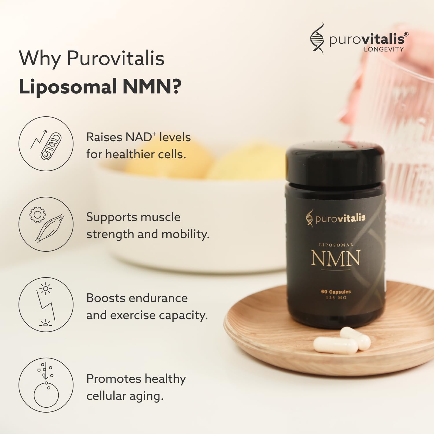 PUROVITALIS Liposomal NMN, 250mg Longevir Nicotinamide Mononucleotide Supplement, NAD+ Boost for Cellular Health, Energy & Healthy Aging, 1-Month Supply (60 Vegan Capsules) PUROVITALIS uk supplements