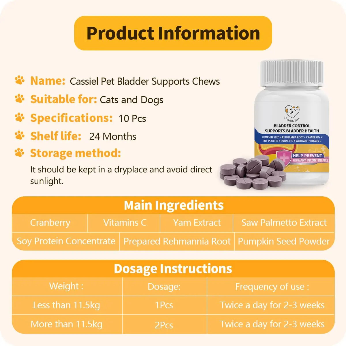 Cassiel Pet Bladder Supports Chews for Urinary Tract Health, Infection Treatments, Bladder Health, Dog UTI, Bladder Stones, Incontinence Support, Urinary Pain Relief for Cat & Dog 10 Chews (1 Bottle) Cassiel pet uk supplements