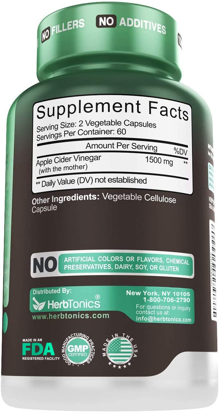 Herbtonics Raw Apple Cider Vinegar Capsules, 1500mg Detox Support (Packaging May Vary), 90 Caps Herbtonics uk supplements