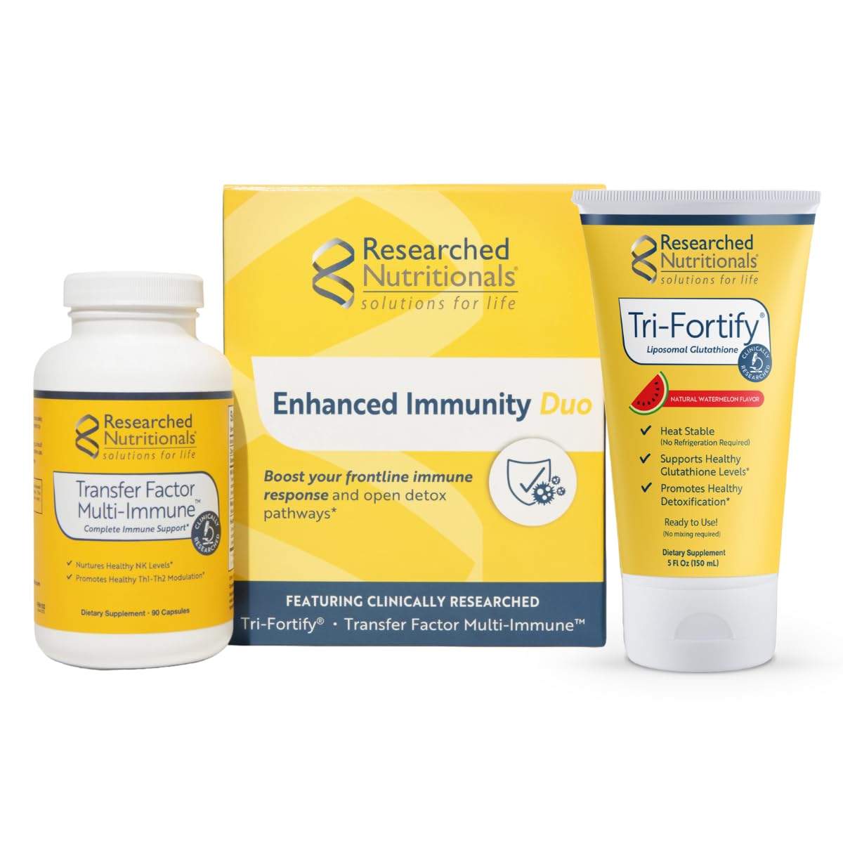 Researched Nutritionals Liposomal Glutathione (450mg) + Colostrum & Mushrooms Supplement for Immunity - Enhanced Immunity Duo - Tri-Fortify Watermelon + Transfer Factor Multi-Immune (2 Piece Set) Researched Nutritionals uk supplements