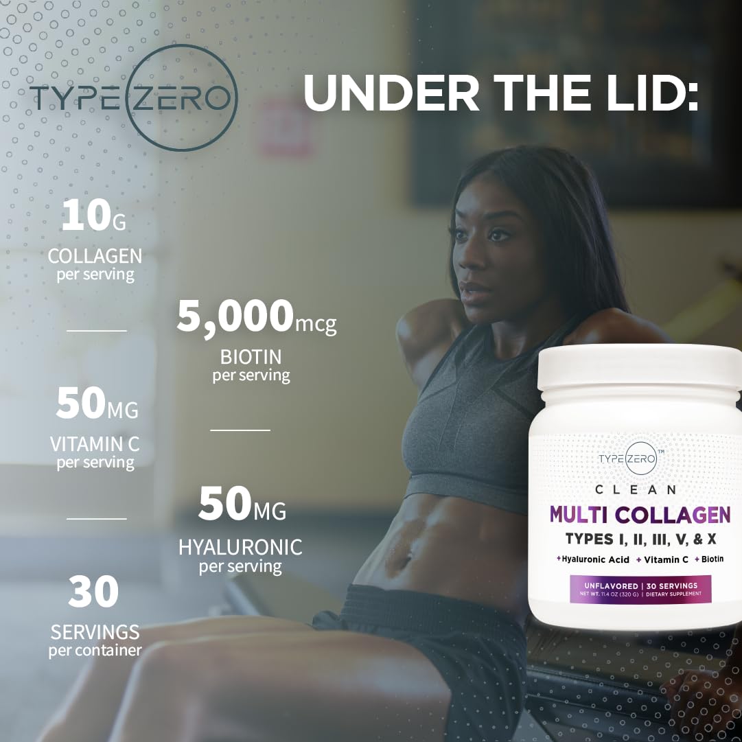 Type Zero Multi Collagen Powder 30 Servings (Unflavored) - Types I, II, III, V, & X Collagen Peptides + Hyaluronic Acid, VIT C, Biotin Type Zero uk supplements