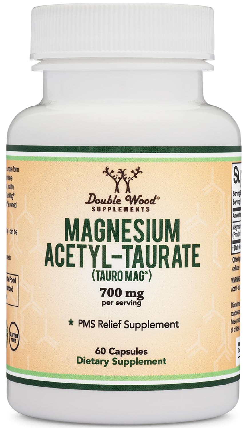 Magnesium Acetyl-Taurate (ATA MG, TauroMag) Novel and Patented Form of Magnesium for PMS and Cramp Relief (60 Capsules, 350mg) PMS Relief Magnesium Supplement by Double Wood Supplements Double Wood Supplements uk supplements