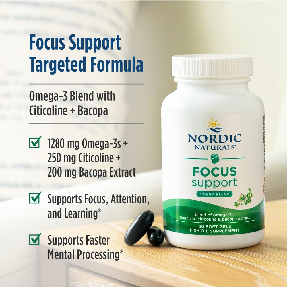 Nordic Naturals Omega Focus, Lemon - 60 Soft Gels - 1280 mg Omega-3 + Citicoline & Bacopa Monnieri Extract - Focus, Attention, Memory, Brain Health - Non-GMO - 30 Servings Nordic Naturals uk supplements