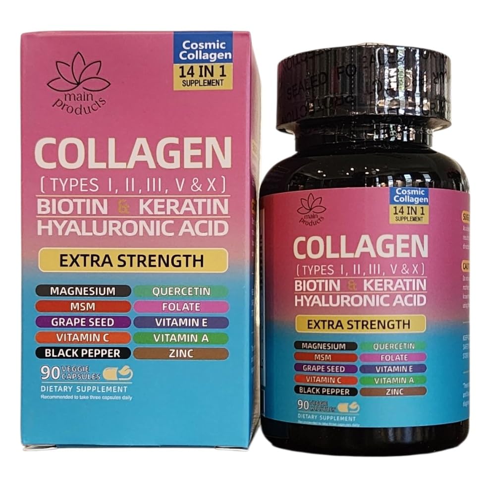 Collagen Peptides Types I, II, III, V & X, 64000 MCG, 14 in 1, Biotin, Keratin, Hyaluronic Acid, Magnesium, MSM, Grape Seed, Vitamin A C & E, Black Pepper, Quercetin, Folate, Zinc (90 Veggie Caps) Main Products uk supplements
