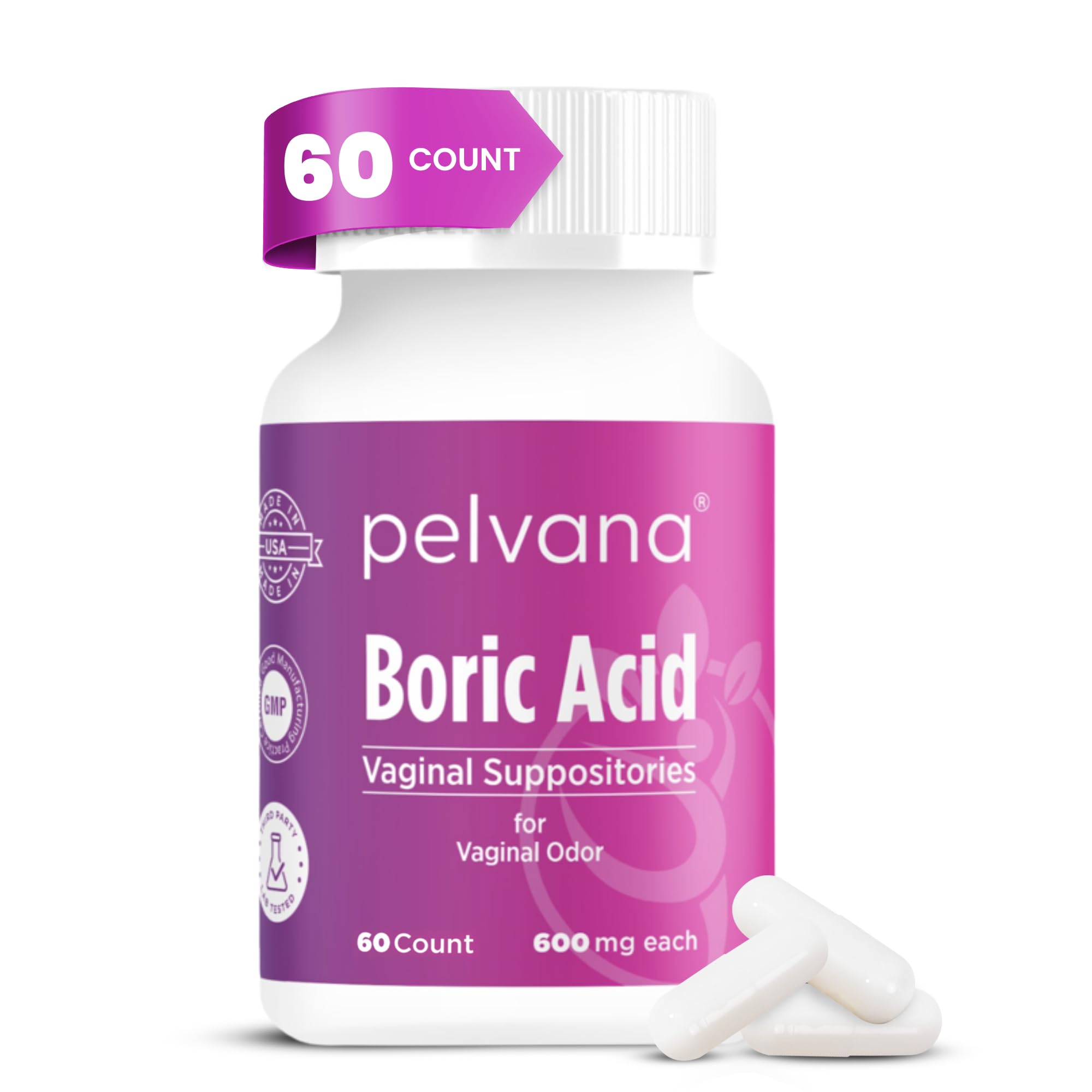 Pelvana Boric Acid Suppositories for Women - 60 Count - 600mg Boric Acid Capsules for Vaginal Odor Use Pelvana uk supplements