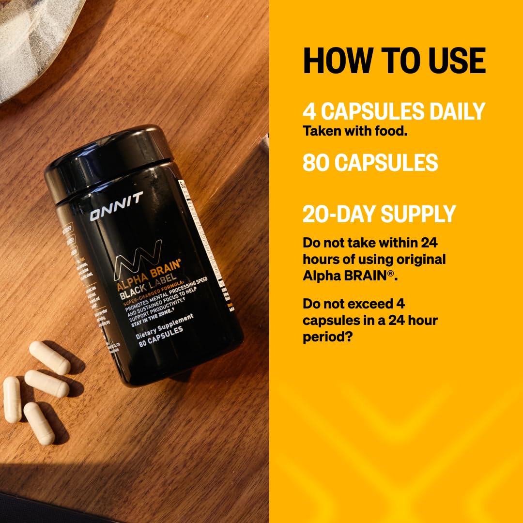 ONNIT Alpha Brain Black Label Capsules, IGEN Non-GMO Tested Citicoline Brain Supplement for Concentration and Memory, Lion’s Mane, Lutemax Lutein, L Theanine and Mucuna Pruriens, 80 Count ONNIT uk supplements