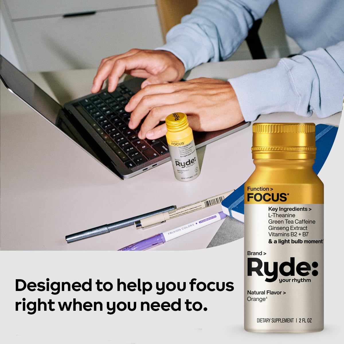 Ryde: Focus Shot | Orange Flavor | L-Theanine & Ginseng | Green Tea Caffeine | Vitamins B2 & B7 | 0 Calories, 0 Sugar | 2 FL OZ Shots | Supports Focus* (8 Pack) RYDE uk supplements