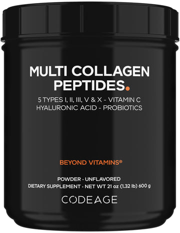 Codeage Multi Collagen Peptides + Probiotics Black Edition, Vitamin C, Hyaluronic Acid Powder Supplement, Grass-Fed, Pasture-Raised, Hydrolyzed, Zero Carbs, Type I, II, III, V & X, Unflavored, 21oz Codeage uk supplements