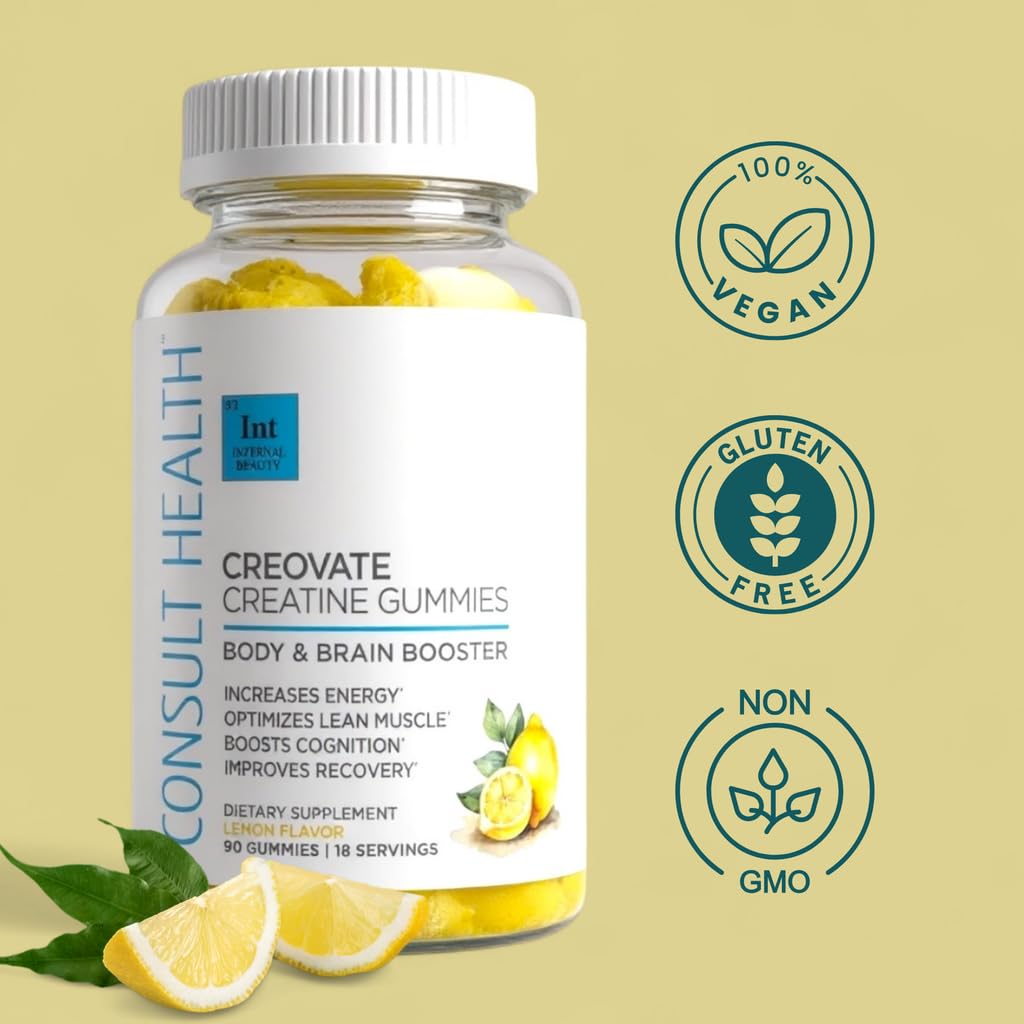 Consult Health CREOVATE CREATINE MONOHYDRATE Gummies 5g Dose for Men & Women to Support Muscle, Strength, Recovery, Cognitive Health & Memory, Zero Sugar, Gluten Free, Natural Lemon, 90 Count Consult Health uk supplements