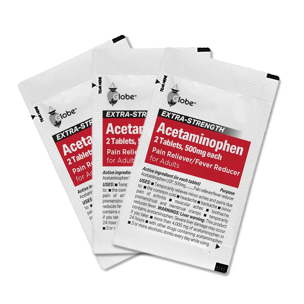 Globe Extra Strength Acetaminophen Tablets 500 mg, Pain Reliever and Fever Reducer, Gentle on Stomach, for Arthritis Pain, Backache Pain and More, 50 Packets of 2 Tablets Each, 100 Count Globe uk supplements