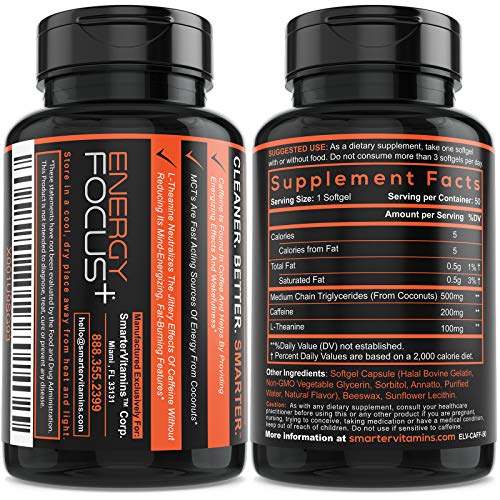 200mg Caffeine Pills - MCT Oil from 100% Coconuts + 100mg L-Theanine, Advanced Energy SmarterVitamins uk supplements