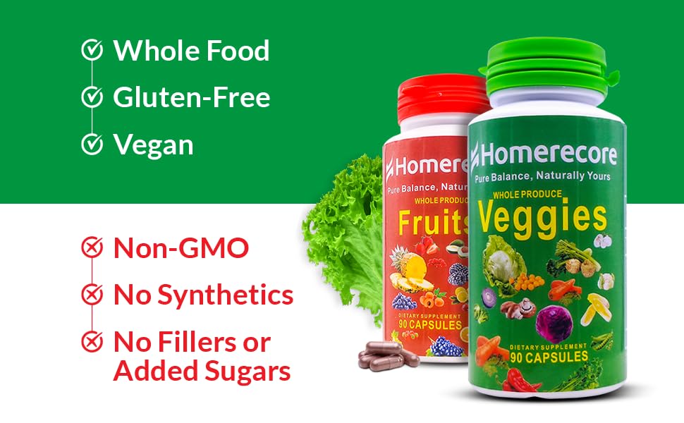 HOMERECORE Whole Food Fruits & Veggies Supplement Plant-Based, Vegan, Gluten-Free, Soy-Free No Fillers Natural Superfoods Boost Energy & Immune System for Men & Women 90 Fruit & 90 Veggie Capsules HOMERECORE uk supplements
