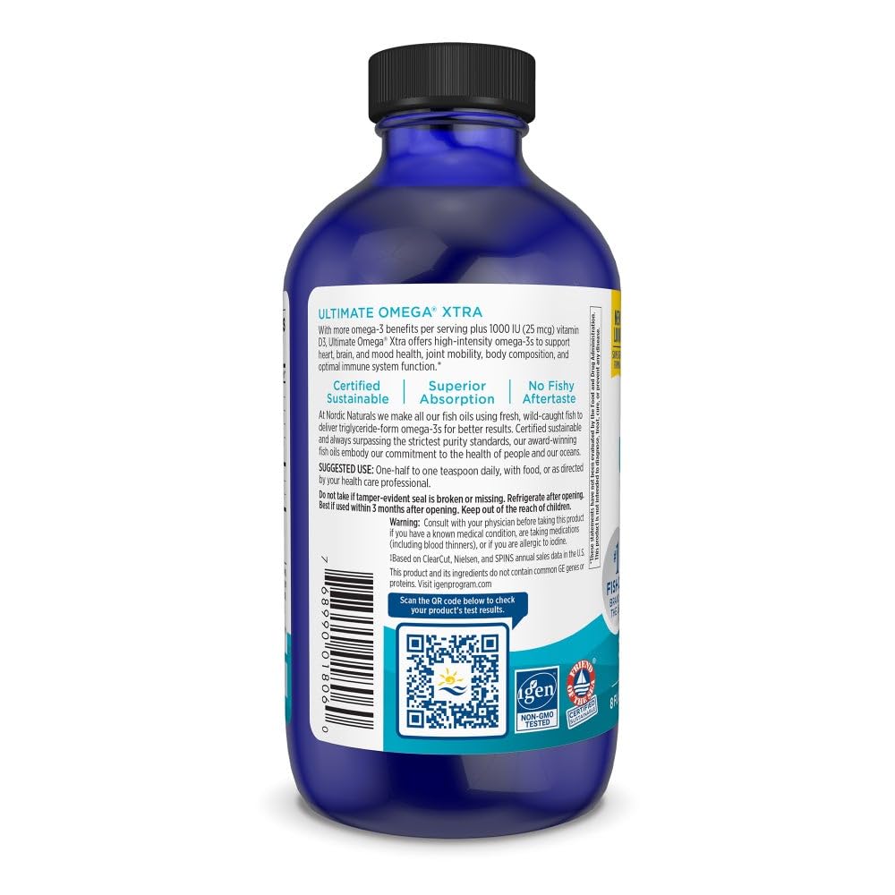 Nordic Naturals Ultimate Omega Xtra Liquid, Lemon Flavor - 8 oz - 3400 mg Omega-3 + 1000 IU Vitamin D3 - EPA & DHA - Brain, Heart, Joint, & Immune Health - Non-GMO - 48 Servings Nordic Naturals uk supplements