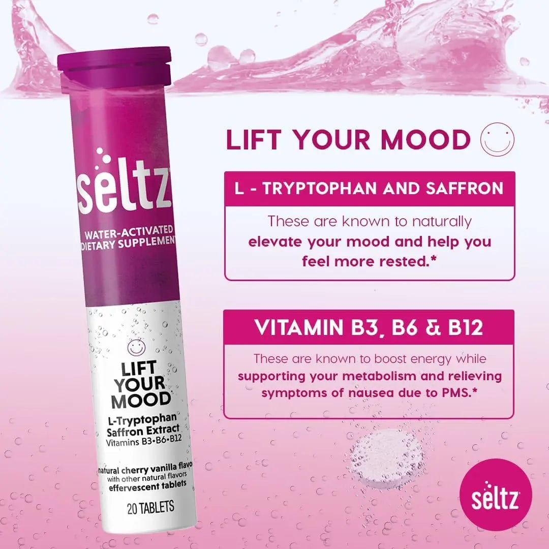 Seltz® Lift Your Mood – Effervescent Vitamins for Mood Support & Energy with L-Tryptophan, Saffron Extract & B Vitamins (B3, B6, B12) Seltz uk supplements