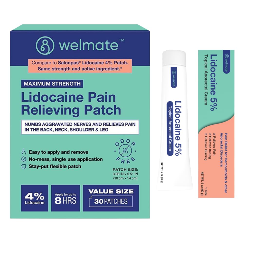WELMATE Ultimate Pain Relief Duo: 4% Lidocaine Numbing Patch (30 Ct) & 5% Lidocaine Cream (2 Oz) | Maximum Strength Topical Analgesic Kit WELMATE uk supplements