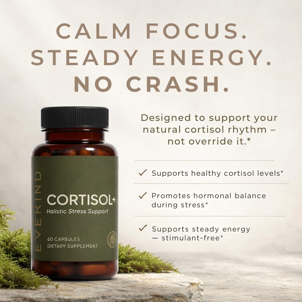 EVEKIND Cortisol Manager + Women’s Stress Relief & Hormone Balance Supplement – Adrenal Support for Mood, Focus & Energy – KSM-66® Ashwagandha, Rhodiola, L-Theanine – Vegan, Non-GMO, 60 Capsules EVEKIND uk supplements