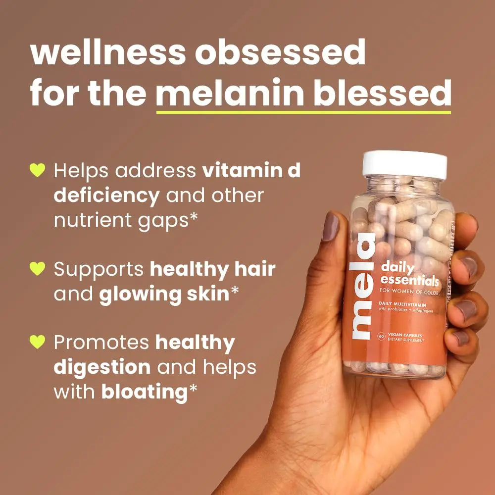 Mela Daily Essentials Multivitamin for Melanated Women - High-Dose Vitamin D3 and B12, Probiotics, Lion's Mane, Ceylon Cinnamon Mela uk supplements