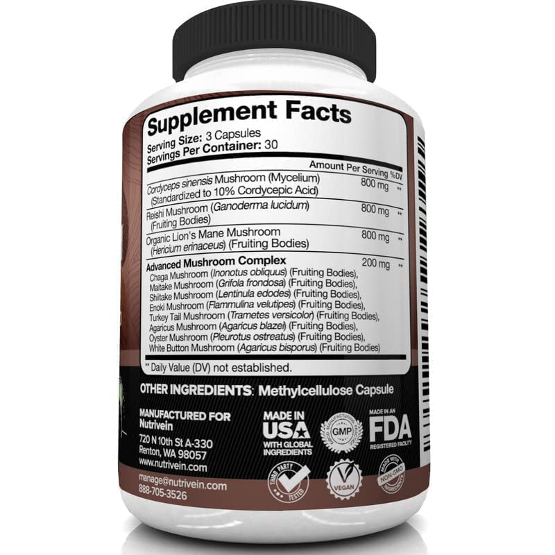 Nutrivein Mushroom Supplement - 2600mg - 90 Capsules - 11 Organic Mushrooms Nutrivein uk supplements