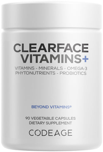 Codeage Clearface Pantothenic Acid, Niacin Supplement, Vitamins A, C, D3, E, Probiotics, Zinc, Riboflavin, Thiamin, L-Lysine HCL & Omega-3, Niacinamide, Skin Botanical Blend - Non-GMO - 90 Capsules Codeage uk supplements