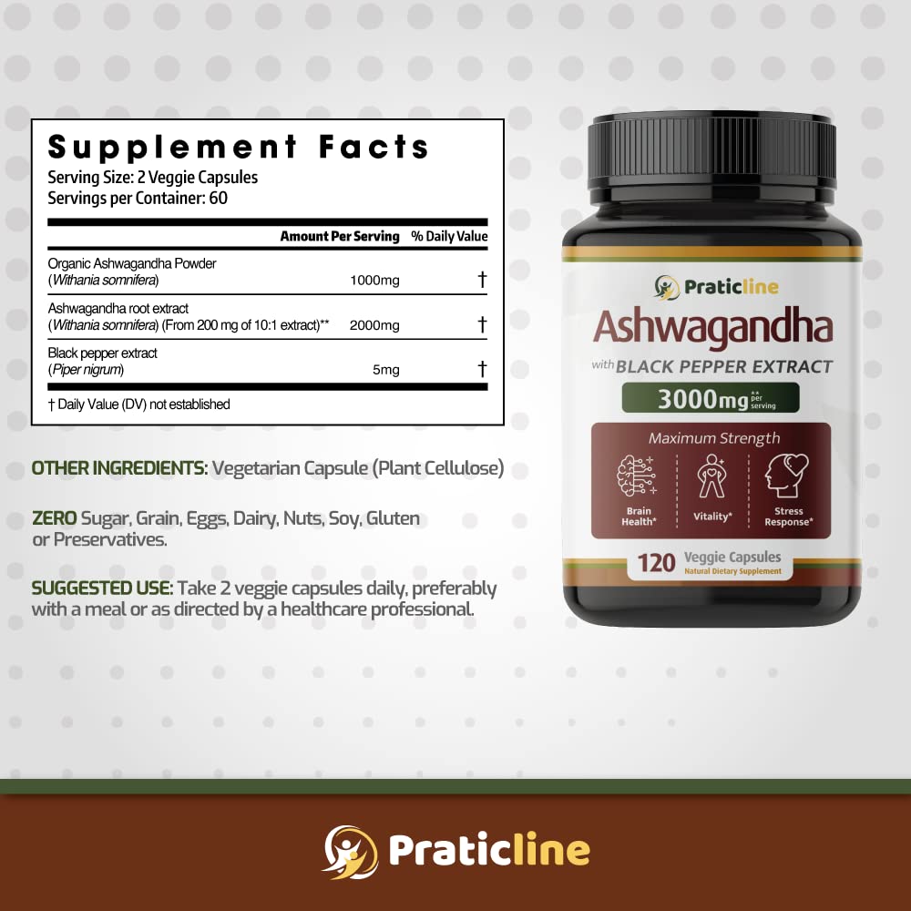 PRATIC LINE Ashwagandha Capsules 3,000 mg - 120 Vegan Cap Made with Organic PRATIC LINE uk supplements