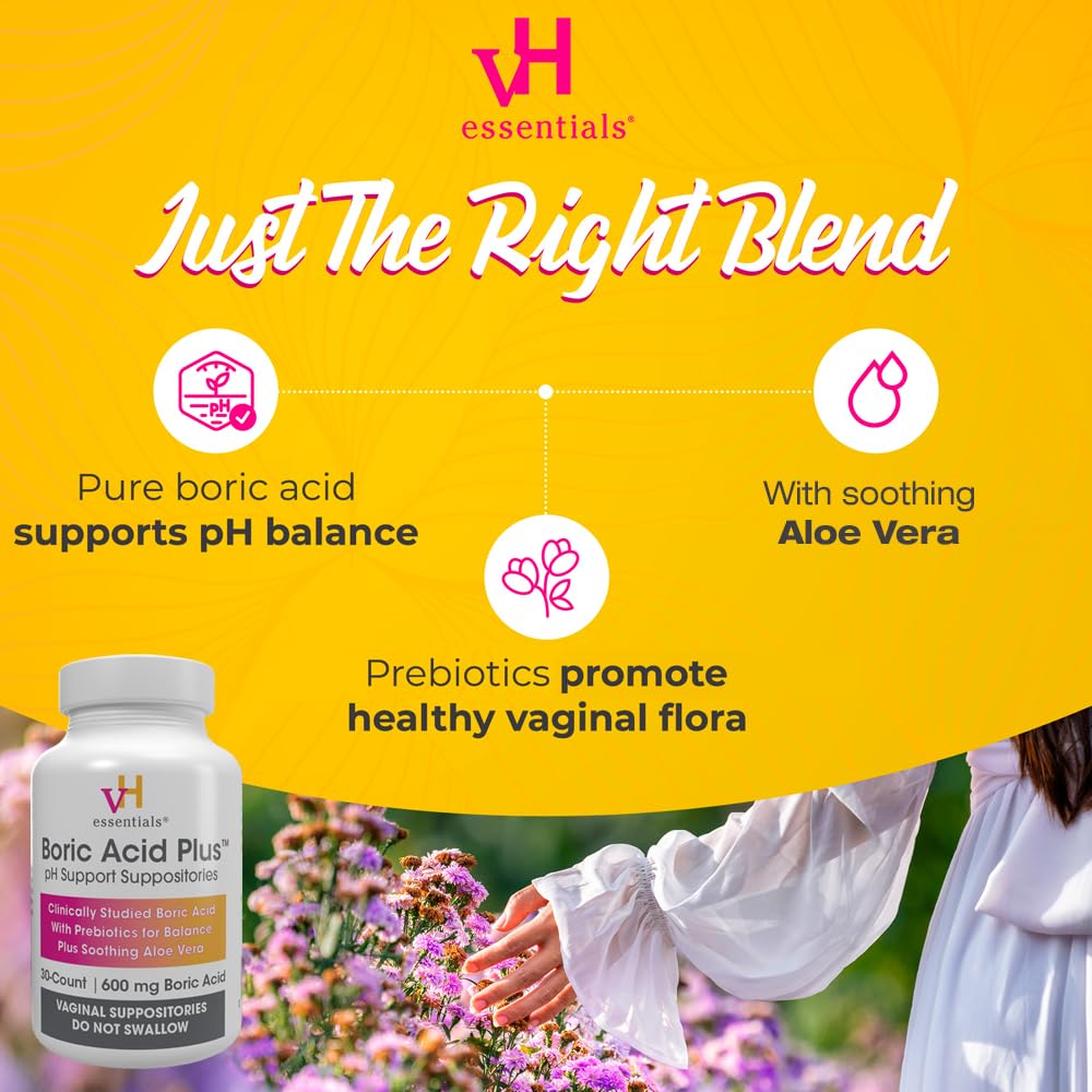 vH Essentials Boric Acid Plus Vaginal Suppositories, Prebiotic Infused with Soothing Aloe Vera, pH Support Formula Fights Odor and Promotes Freshness, 600mg Boric Acid, 30 Count vH essentials uk supplements