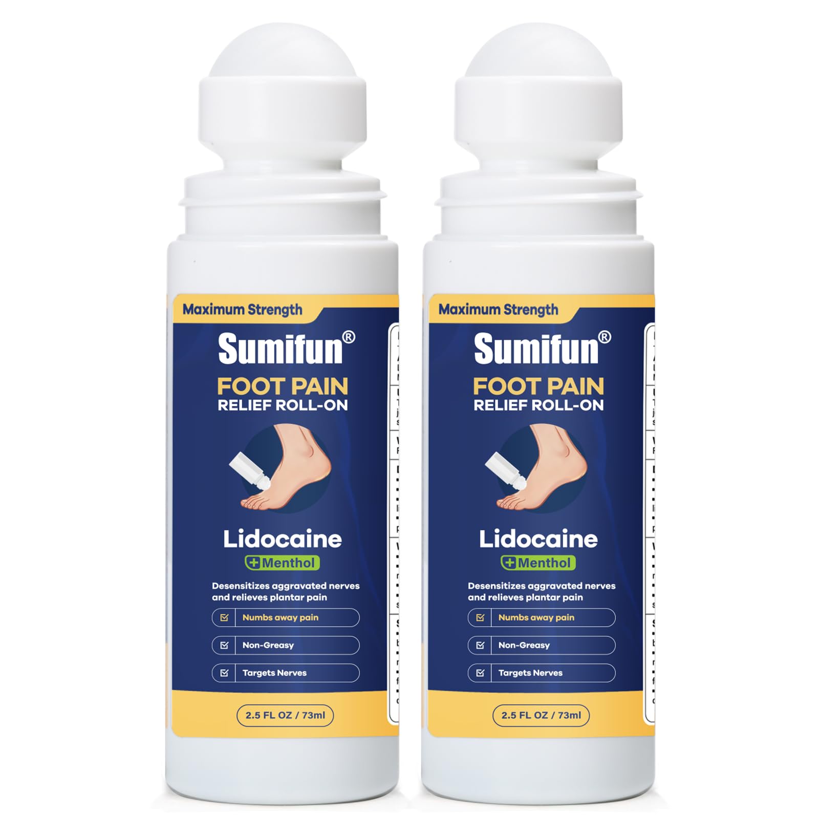 Sumifun Foot Pain Relief Lidocaine Roll-On - Maximum Strength OTC for Plantar Fasciitis & Heel Pain - Fast-Drying, Non-Greasy Formula, 2.5 Fl Oz * 2 Sumifun uk supplements