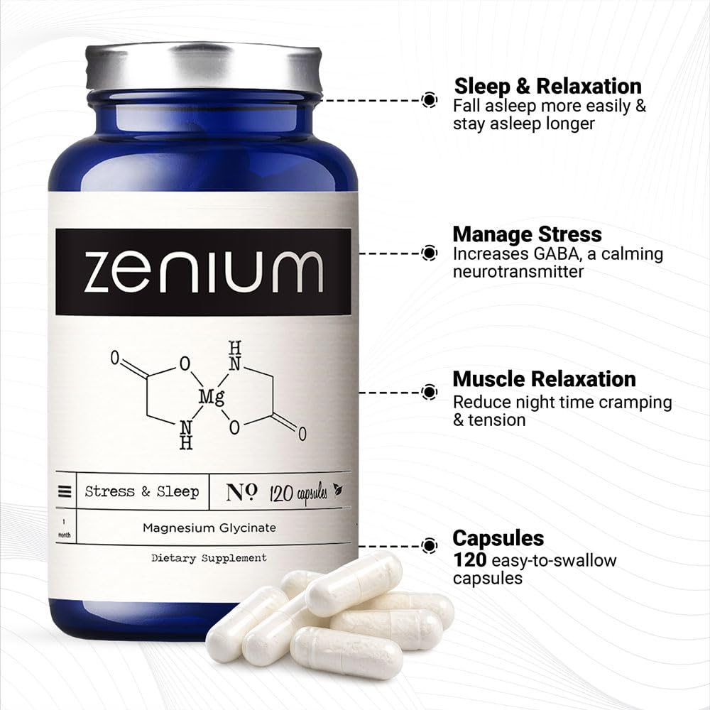 Zenium - Magnesium Glycinate for Sleep, Chelated, 600mg per Serving, 120 Capsules | High Absorption | Relieve Tension, Worry, Nervousness | Calm The Mind & Body | Ayurvedic | Natural Relief Supplement Zenium uk supplements