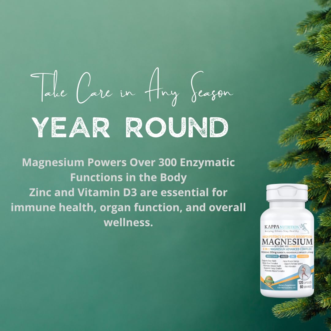 Kappa Nutrition Magnesium 4-in-1, 280mg Elemental Magnesium (Bisglycinate, Malate) + Zinc & Vitamin D3, Brain, Sleep, Energy, Muscle, Immune Support, 120 Vegan Capsules. KAPPA NUTRITION uk supplements
