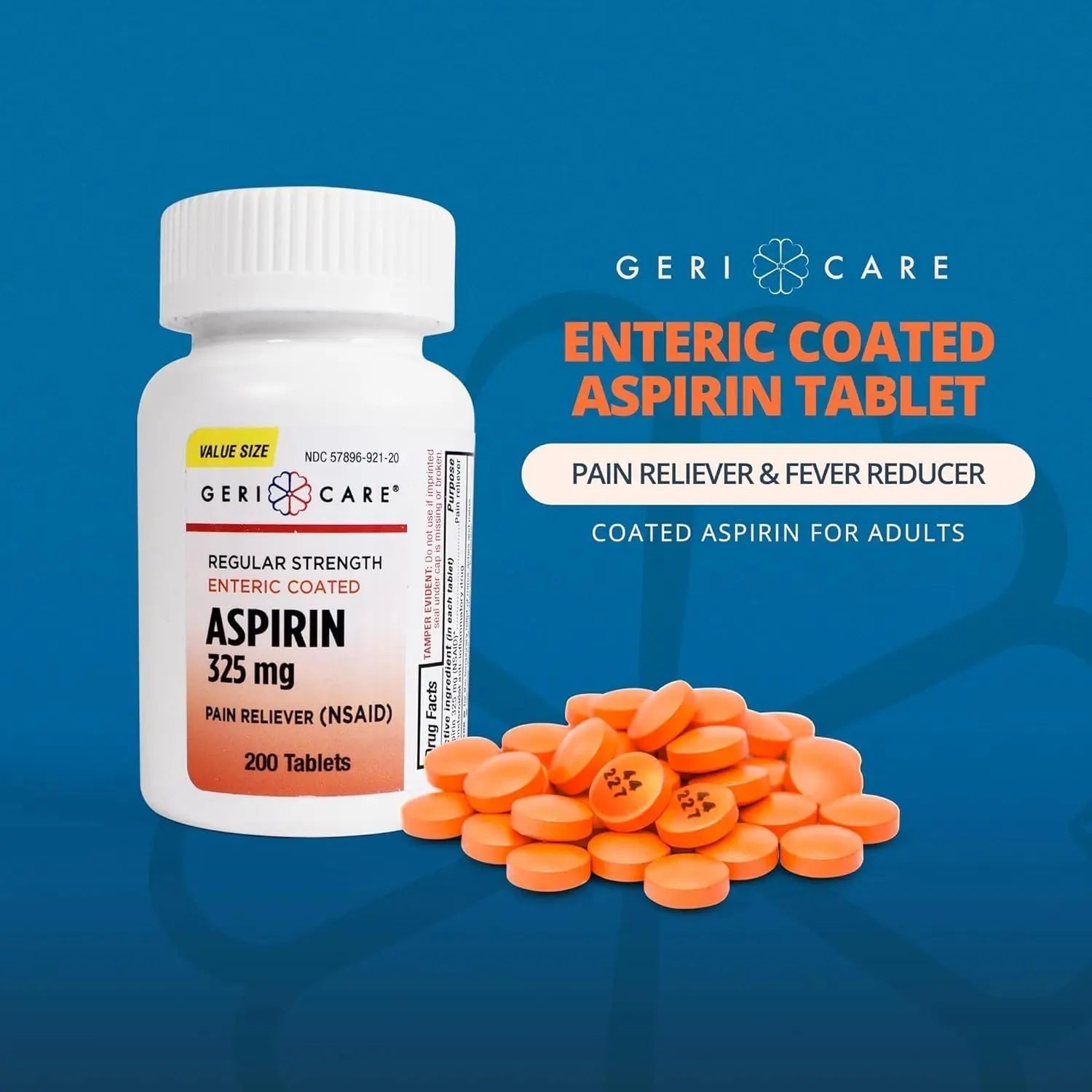 GeriCare Enteric Coated Aspirin Tablets 325mg (200 Count) NSAID Pain Reliever & Fever Reducer for Adults- Regular Strength Aspirin for Headache Arthritis Menstrual & Muscle Pain GeriCare uk supplements