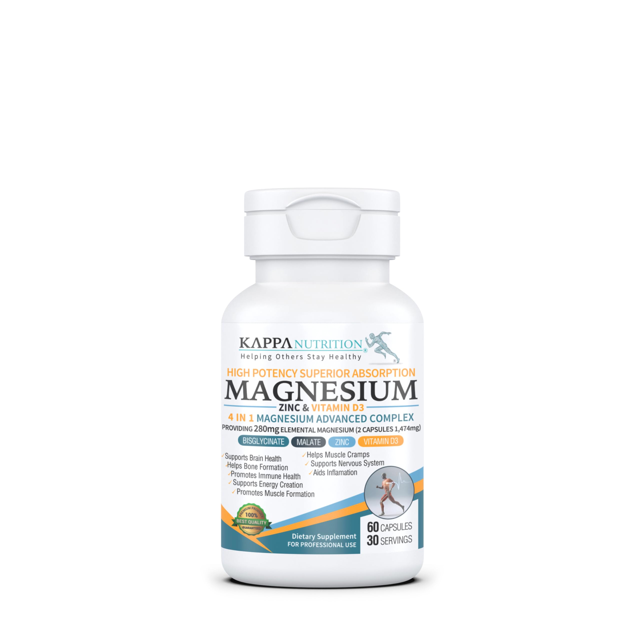 Kappa Nutrition Magnesium 4-in-1, 280mg Elemental Magnesium (Bisglycinate, Malate) + Zinc & Vitamin D3, Brain, Sleep, Energy, Muscle, Immune Support, 60 Vegan Capsules. KAPPA NUTRITION uk supplements