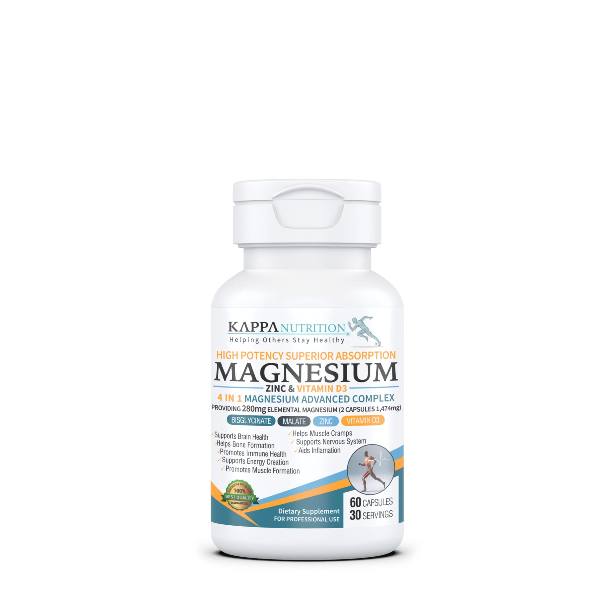 Kappa Nutrition Magnesium 4-in-1, 280mg Elemental Magnesium (Bisglycinate, Malate) + Zinc & Vitamin D3, Brain, Sleep, Energy, Muscle, Immune Support, 60 Vegan Capsules. KAPPA NUTRITION uk supplements