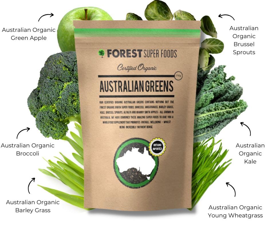 Certified Organic Australian Greens Whole Food Blend | 7 Incredible Whole Foods | No fillers or additives Forest Super Foods uk supplements
