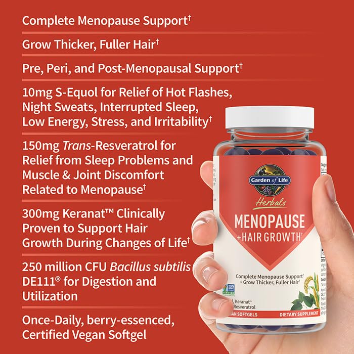 Garden of Life Herbals Menopause Supplement with S-equol & Trans-Resveratrol for Multi-Symptom Relief, Keranat for Thicker, Fuller Hair Growth – Non-GMO, Gluten-Free, Vegan, Berry Flavor, 30 Servings Garden of Life uk supplements