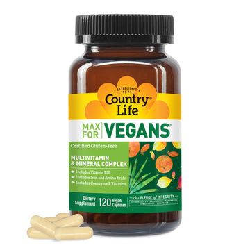 Country Life Max for Vegans - 120 Vegan Capsules - Daily Multivitamins - Immune Support Supplement - Contains Vitamin B12, Iron, Amino Acids, Coenzyme B Vitamins - Gluten-Free Country Life uk supplements