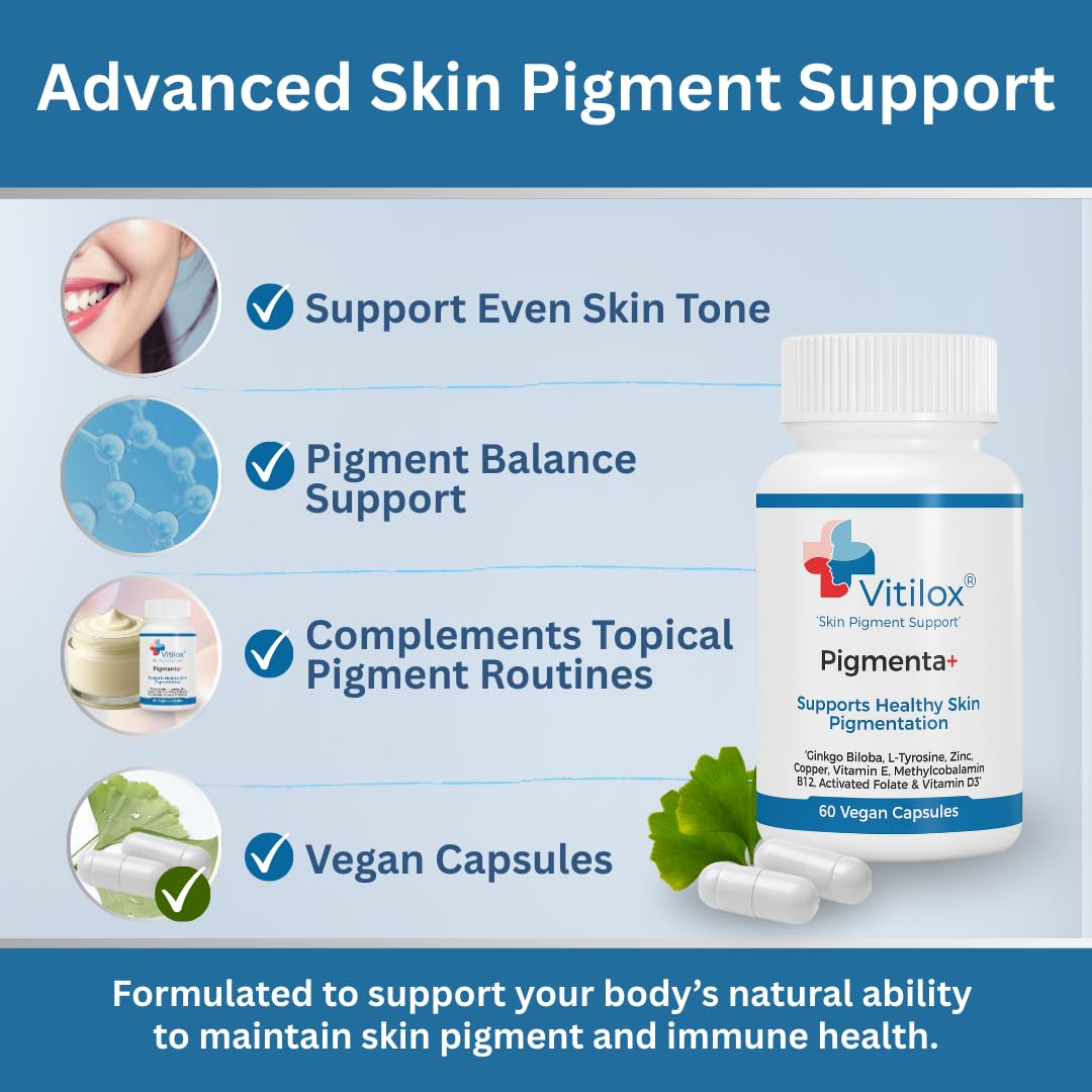 Vitilox Pigmenta+ Advanced, Skin Tone Support Supplement – 60 Tablets | 2 Months | Natural Vitiligo Skin Pigmentation Support | Reduce White Body Spots Vitilox uk supplements