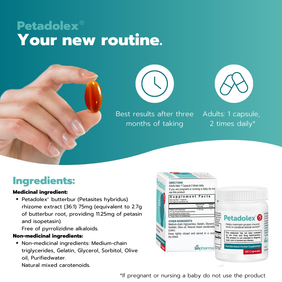 Petadolex - Migraine Relief - Patented Butterbur Root Extract, 75mg PA-Free Butterbur Extract Petadolex uk supplements