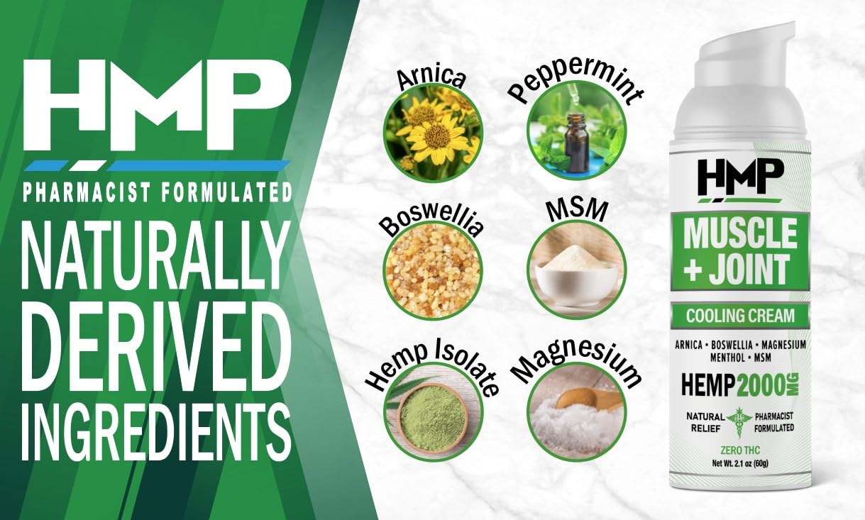 HMP BRANDS Hemp Cream Muscle & Joint Support 2000MG Hemp Discomfort Relief Formula w Menthol Ideal for Knee Muscle Joint Back Shoulder Elbow Maximum Joint Support, Natural Formula Made in USA 2.1oz HMP BRANDS uk supplements