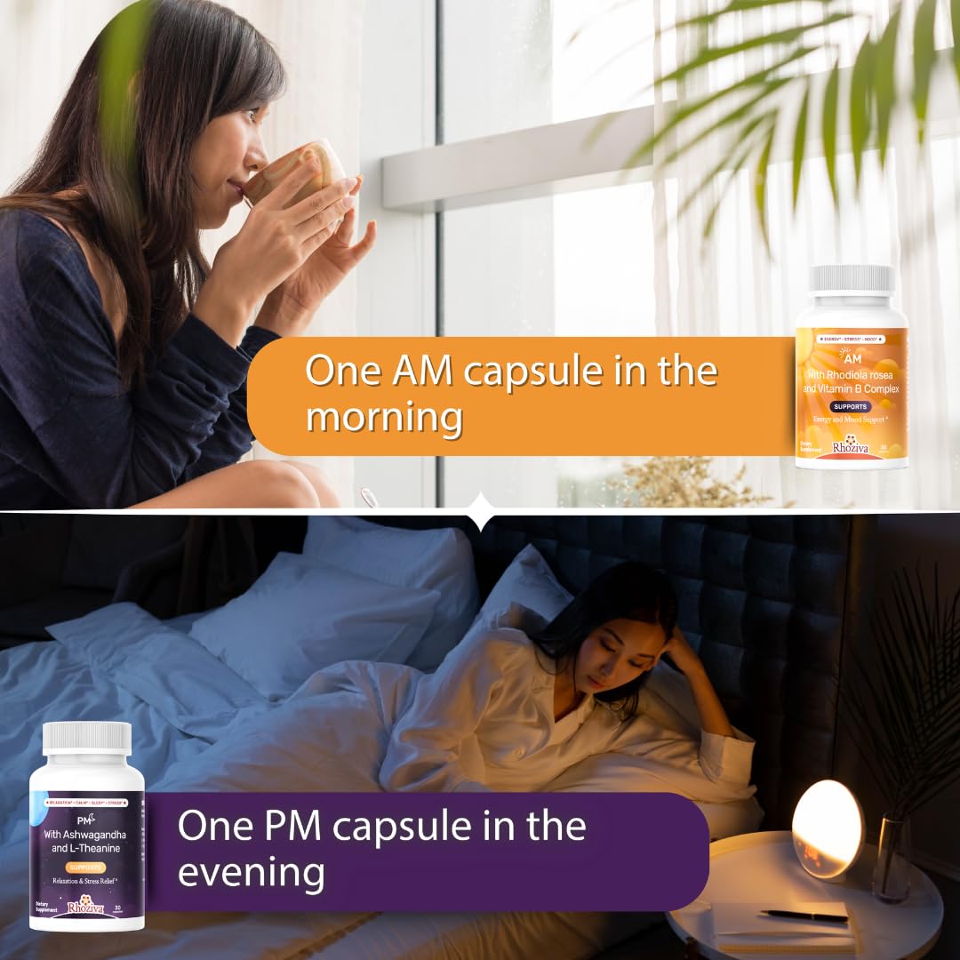 AM PM Multivitamin - Cortisol Supplements for Women and Men with L-Theanine, Ashwagandha - Rhodiola Rosea Supplement 200mg - Vitamin B Complex - Nootropics - Day and Night Vitamins for Women & Men Rhoziva uk supplements