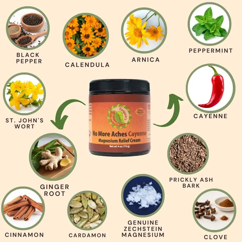 Taspen's Organics Magnesium No More Aches Cayenne Relief Cream – Pain, Tension & Nerve Comfort – Muscle Relief – Warming with Cayenne, Ginger, Arnica & St. John's Wort – Topical Fast Relief (1.7 oz) Taspen's Organics uk supplements