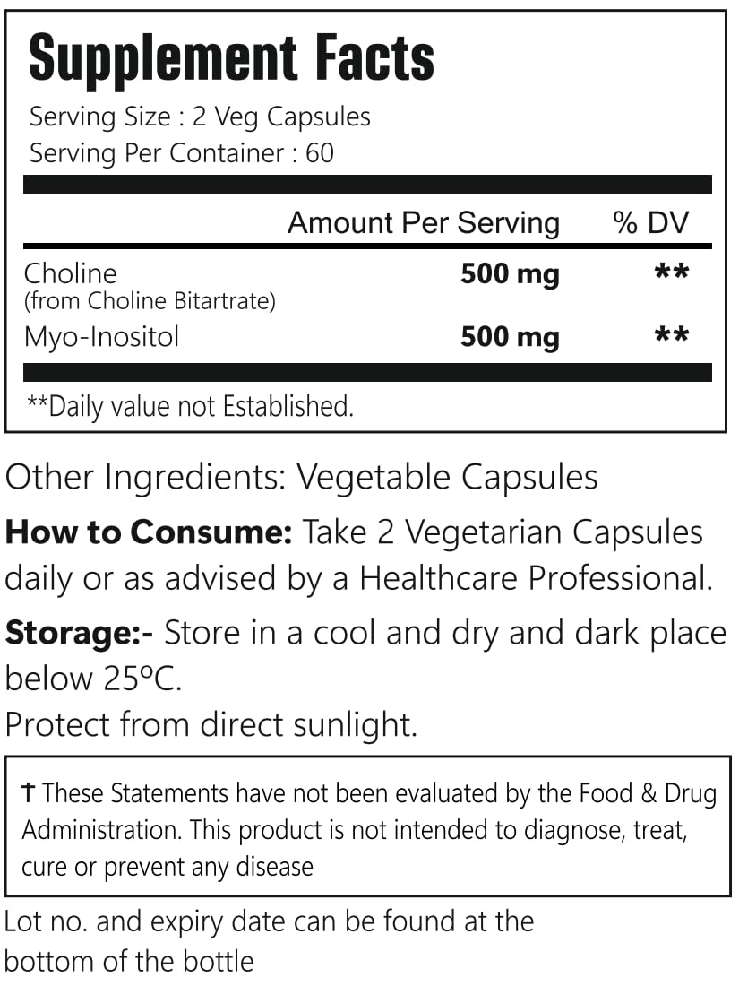 VitaCosmoX Choline and Myo-Inositol Supplement, 1000 mg Each, 120 Veggie Capsules 100% Vegetarian, Non-GMO & Gluten Free VitaCosmoX uk supplements