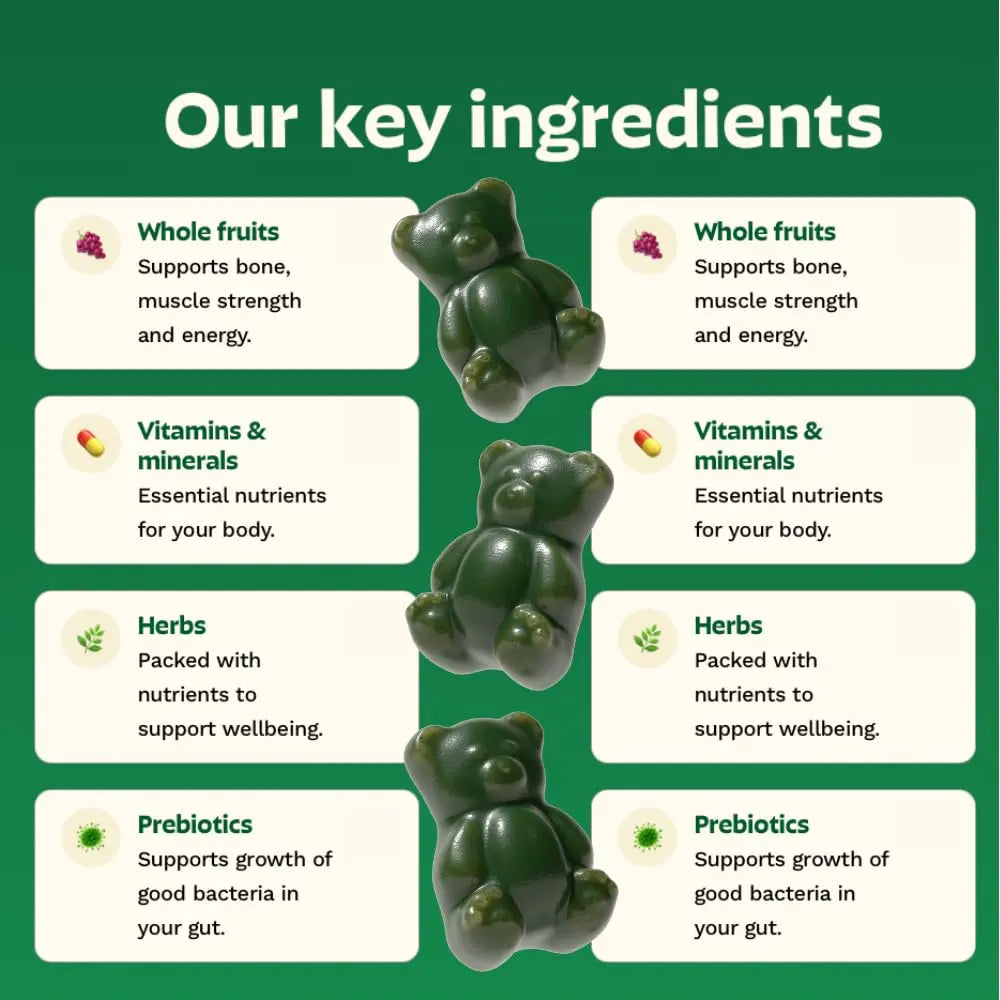 Gruns Adults Super Greens Multivitamin Gummies, Superfood Vitamin Gummy Bears with Spirulina, Chlorella, Prebiotic Fiber for Digestive Health Grüns uk supplements