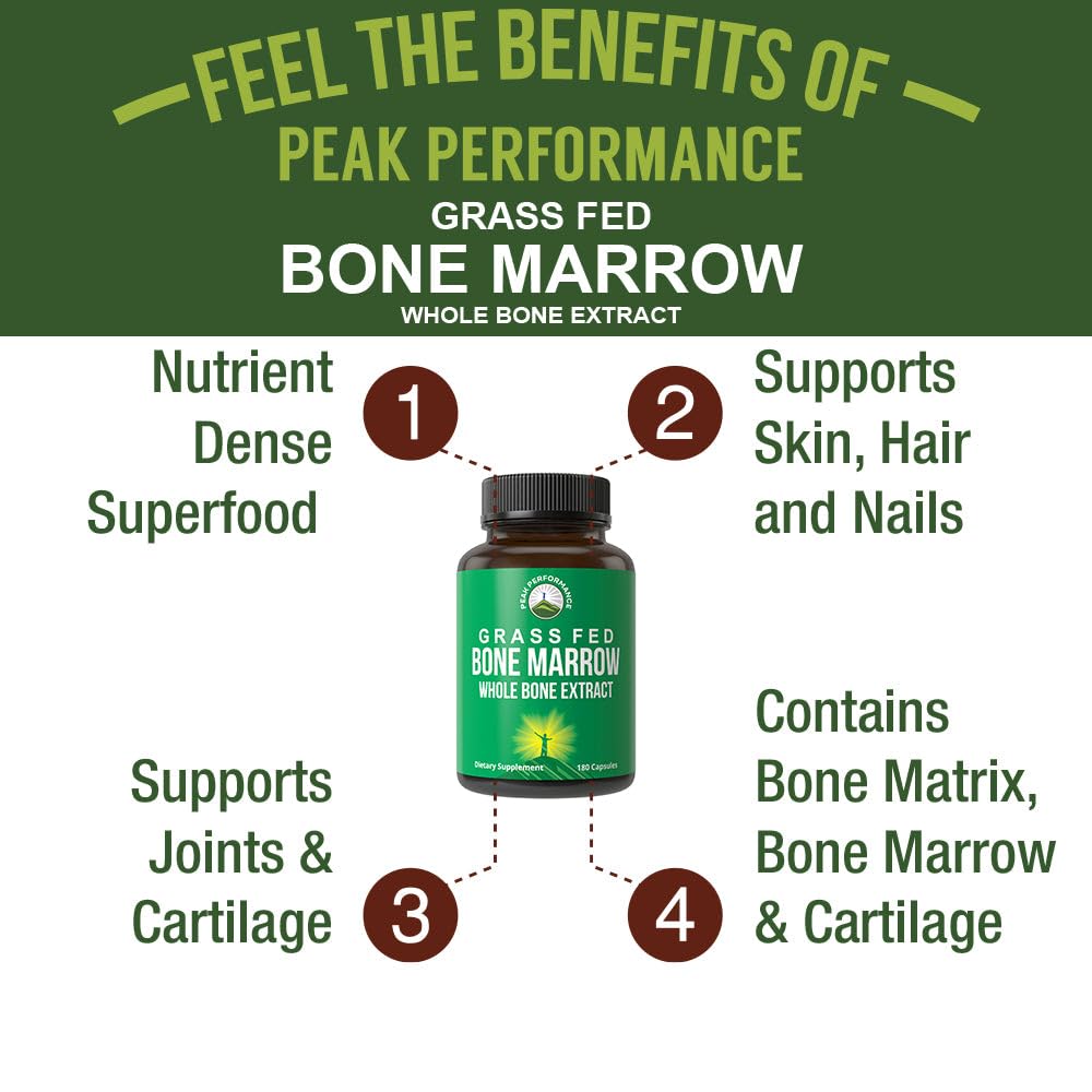 Peak Performance Grass Fed Bone Marrow - Whole Bone Extract Supplement 180 Capsules. Superfood Pills Rich in Collagen, Vitamins, and Amino Acids. from Matrix, Marrow, Cartilage. Ancestral Tablets Peak Performance uk supplements