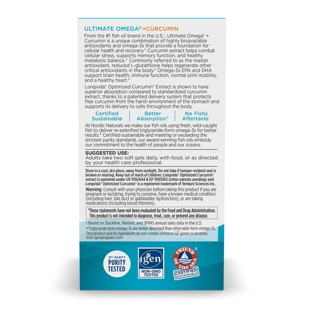 Nordic Naturals Omega Curcumin, Lemon - 60 Soft Gels - 1200 mg Omega-3 + 400 mg Optimized Curcumin - Combats Cellular Stress - Non-GMO - 30 Servings Nordic Naturals uk supplements