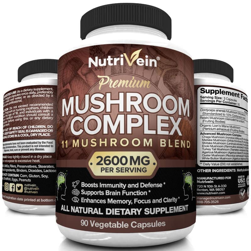 Nutrivein Mushroom Supplement - 2600mg - 90 Capsules - 11 Organic Mushrooms Nutrivein uk supplements