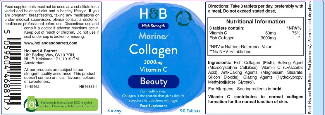 Holland and Barrett Marine Collagen with Vitamin C 3000mg 90 Tablets Holland & Barrett uk supplements