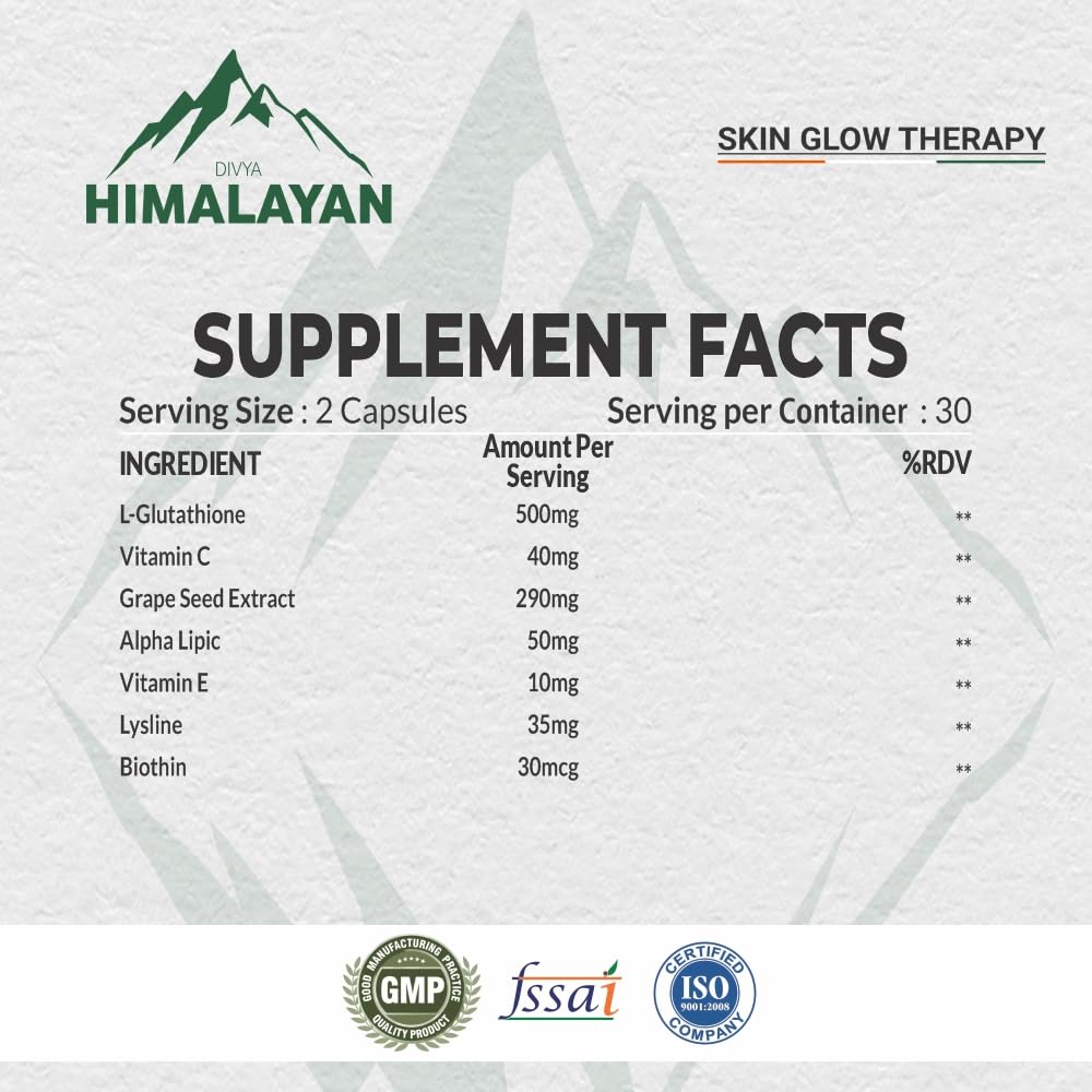 Divyhimalayan L-Glutathione 1000mg - 98% Pure Reduced Form with Vitamin C & ALA for Radiant Skin, Antioxidant & Immune Support - 60 Capsules Divya Himalayan uk supplements